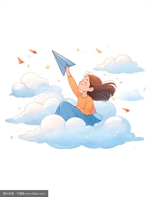 小女孩放纸飞机简笔画-一个小女孩扔一张纸飞机